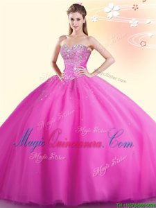 Custom Design Hot Pink Tulle Lace Up Sweetheart Sleeveless Floor Length Quinceanera Dress Beading