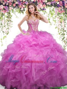 Lilac Organza Lace Up Quinceanera Dresses Sleeveless Floor Length Beading and Ruffles