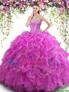 Customized Floor Length Fuchsia Sweet 16 Quinceanera Dress Organza Sleeveless Beading and Ruffles