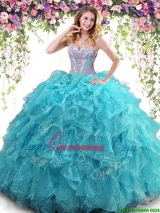 Aqua Blue Ball Gowns Beading and Ruffles Sweet 16 Dress Lace Up Organza Sleeveless Floor Length