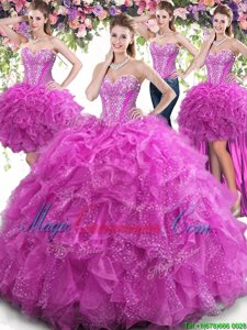 Decent Four Piece Floor Length Lace Up Quinceanera Gown Fuchsia and In for Military Ball and Sweet 16 and Quinceanera with Beading and Ruffles