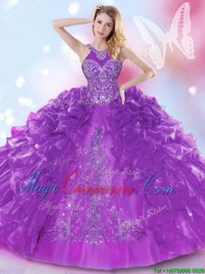 Stylish Halter Top Purple Ball Gowns Appliques and Ruffled Layers Sweet 16 Quinceanera Dress Lace Up Organza Sleeveless Floor Length