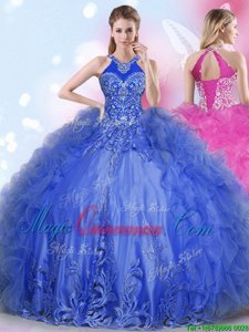 Free and Easy Royal Blue Halter Top Neckline Appliques and Ruffles Quinceanera Gown Sleeveless Lace Up