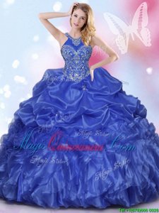 Sophisticated Pick Ups Floor Length Royal Blue Quinceanera Dress Halter Top Sleeveless Lace Up