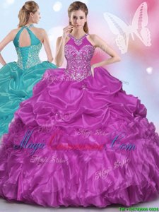 Modern Halter Top Floor Length Lace Up Quince Ball Gowns Fuchsia and In for Military Ball and Sweet 16 and Quinceanera with Appliques and Pick Ups