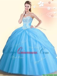 Aqua Blue Tulle Lace Up Sweetheart Sleeveless Floor Length Sweet 16 Quinceanera Dress Beading