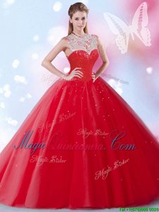 Clearance Sequins Ball Gowns Sweet 16 Dresses Red High-neck Tulle Sleeveless Floor Length Zipper