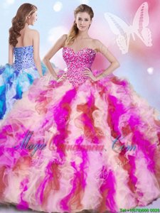 Affordable Multi-color Ball Gowns Beading and Ruffles Sweet 16 Quinceanera Dress Lace Up Organza Sleeveless