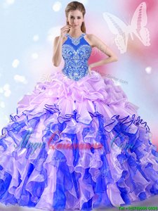 Luxurious Halter Top Sleeveless Floor Length Beading and Ruffles and Pick Ups Lace Up Quinceanera Gown with Multi-color