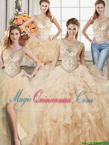 Decent Four Piece Scoop Floor Length Champagne Quinceanera Gown Tulle Sleeveless Beading and Ruffles