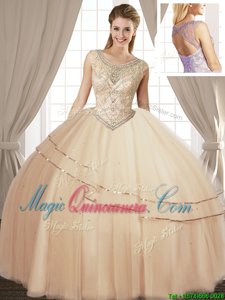 New Arrival Champagne Ball Gowns Scoop Sleeveless Tulle Floor Length Lace Up Beading 15th Birthday Dress