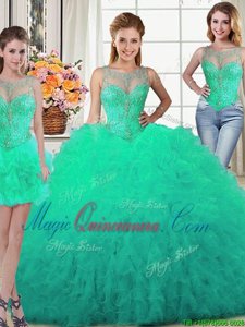 Hot Sale Three Piece Scoop Tulle Sleeveless Floor Length 15th Birthday Dress and Beading and Ruffles