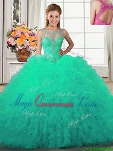 Deluxe Scoop Beading and Ruffles Sweet 16 Dresses Turquoise Lace Up Sleeveless Floor Length