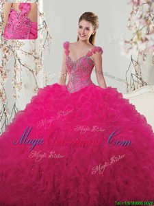 Artistic Straps Straps Hot Pink Sleeveless Beading and Ruffles and Hand Made Flower Floor Length 15 Quinceanera Dress