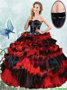 Popular Black and Red Organza Lace Up Sweetheart Sleeveless Floor Length 15th Birthday Dress Beading and Ruffled Layers