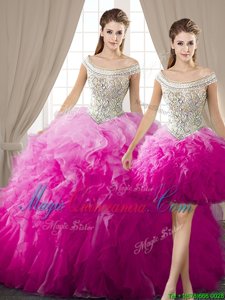 Elegant Three Piece Off the Shoulder Floor Length Ball Gowns Sleeveless Fuchsia 15th Birthday Dress Lace Up