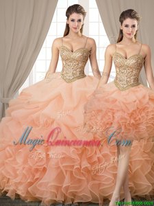 Unique Three Piece Beading and Ruffles and Pick Ups Vestidos de Quinceanera Peach Lace Up Sleeveless Floor Length