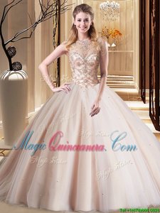 Captivating Brush Train Ball Gowns 15th Birthday Dress Peach Scoop Tulle Sleeveless Lace Up