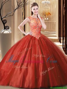 Scoop Wine Red Lace Up Quinceanera Gowns Beading Sleeveless Brush Train