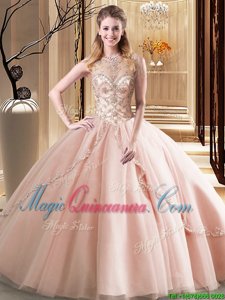 Glamorous Scoop Tulle Sleeveless Sweet 16 Quinceanera Dress Brush Train and Beading