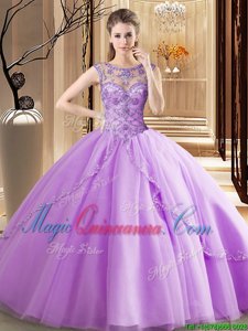 Cheap Scoop Lavender Lace Up 15th Birthday Dress Beading Sleeveless Brush Train