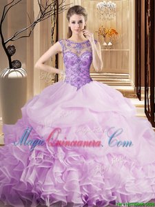 Shining Scoop Sleeveless Organza Quinceanera Dresses Beading and Ruffles and Pick Ups Brush Train Lace Up