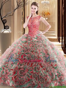 Scoop Fabric With Rolling Flowers Sleeveless Quince Ball Gowns Brush Train and Beading