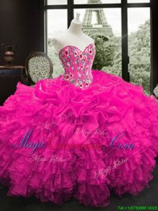 Chic Sweetheart Sleeveless Lace Up Quince Ball Gowns Fuchsia Organza