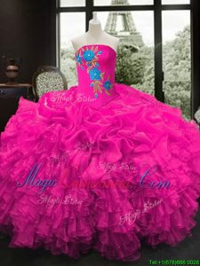 Cheap Fuchsia Strapless Lace Up Embroidery and Ruffles Quinceanera Dress Sleeveless