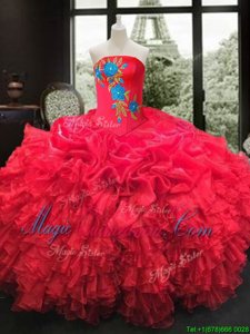 Latest Red Strapless Neckline Embroidery and Ruffles Quinceanera Dress Sleeveless Lace Up