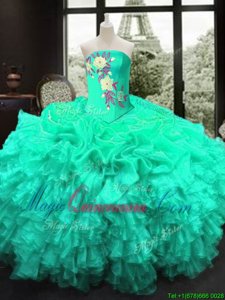 Best Selling Strapless Sleeveless Lace Up Ball Gown Prom Dress Turquoise Organza