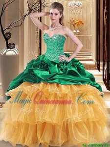 Glittering Green and Gold Sweetheart Neckline Beading and Ruffles Quince Ball Gowns Sleeveless Lace Up