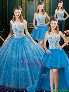 Traditional Four Piece Baby Blue Ball Gowns High-neck Sleeveless Tulle Floor Length Brush Train Zipper Lace Sweet 16 Quinceanera Dress