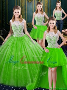 Extravagant Four Piece High-neck Sleeveless Tulle 15th Birthday Dress Lace Brush Train Zipper