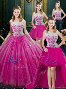 Top Selling Four Piece Floor Length Fuchsia Ball Gown Prom Dress Tulle Sleeveless Lace