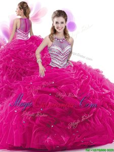 Traditional Pick Ups High-neck Sleeveless Court Train Zipper Quinceanera Dress Fuchsia Taffeta