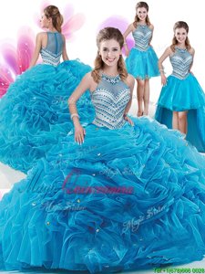 Nice Four Piece With Train Aqua Blue Ball Gown Prom Dress Organza Court Train Sleeveless Ruffles and Pick Ups