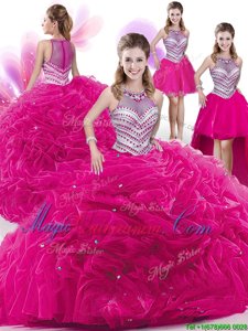 Four Piece Floor Length Zipper 15 Quinceanera Dress Hot Pink and In for Military Ball and Sweet 16 and Quinceanera with Beading and Pick Ups