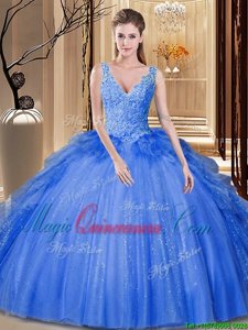 Low Price Royal Blue Tulle Backless Sweet 16 Quinceanera Dress Sleeveless Floor Length Sequins and Pick Ups