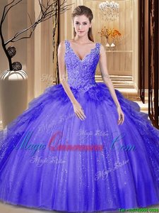 Decent Lavender Ball Gowns V-neck Sleeveless Tulle and Sequined Floor Length Backless Appliques and Ruffles and Sequins Quinceanera Gowns