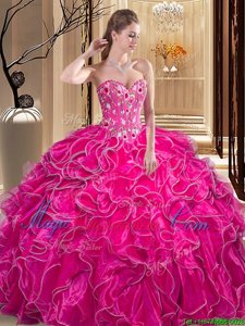 Smart Fuchsia Organza Lace Up Quinceanera Dress Sleeveless Floor Length Embroidery and Ruffles