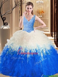 Custom Design Multi-color Ball Gowns V-neck Sleeveless Tulle Floor Length Zipper Lace and Appliques and Ruffles 15 Quinceanera Dress