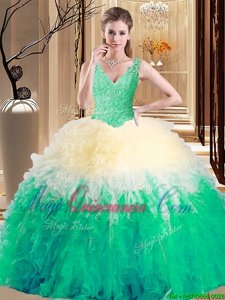 Multi-color V-neck Neckline Lace and Appliques and Ruffles Quinceanera Gown Sleeveless Zipper