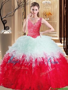 White And Red Tulle Zipper V-neck Sleeveless Floor Length Sweet 16 Quinceanera Dress Lace and Appliques and Ruffles