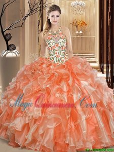 Graceful Scoop Sleeveless Embroidery and Ruffles Backless Ball Gown Prom Dress