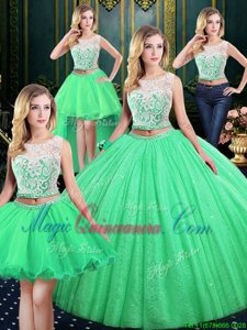 Low Price Four Piece Scoop Floor Length Lace Up 15 Quinceanera Dress for Military Ball and Sweet 16 and Quinceanera with Lace and Sequins