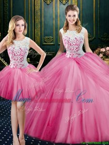 Adorable Three Piece Scoop Floor Length Pink Sweet 16 Quinceanera Dress Tulle Sleeveless Lace and Pick Ups