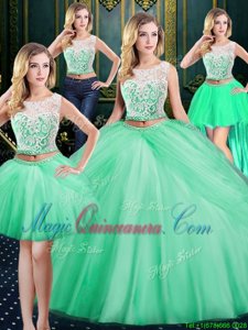 Comfortable Four Piece Tulle Scoop Sleeveless Zipper Lace and Pick Ups Ball Gown Prom Dress in Apple Green