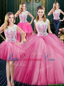 Exquisite Four Piece Pick Ups Scoop Sleeveless Zipper Quinceanera Dress Rose Pink Tulle