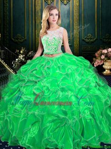 Classical Scoop Zipper Quince Ball Gowns Lace and Ruffles Sleeveless Floor Length